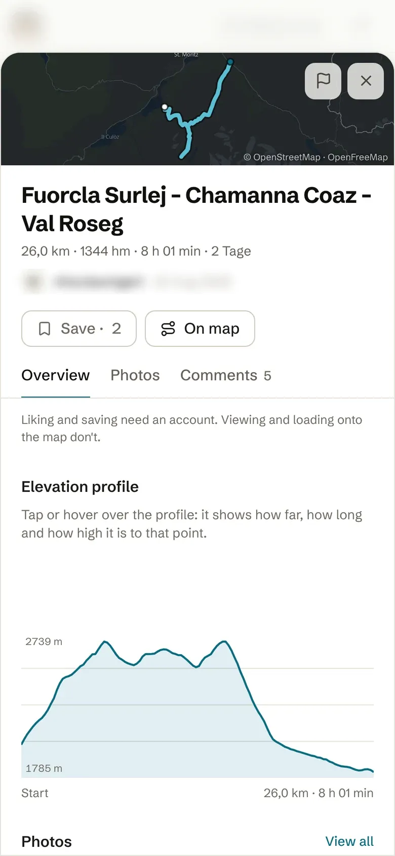 Munggi app on a phone: a shared two-day tour in the Engadin with its elevation profile.