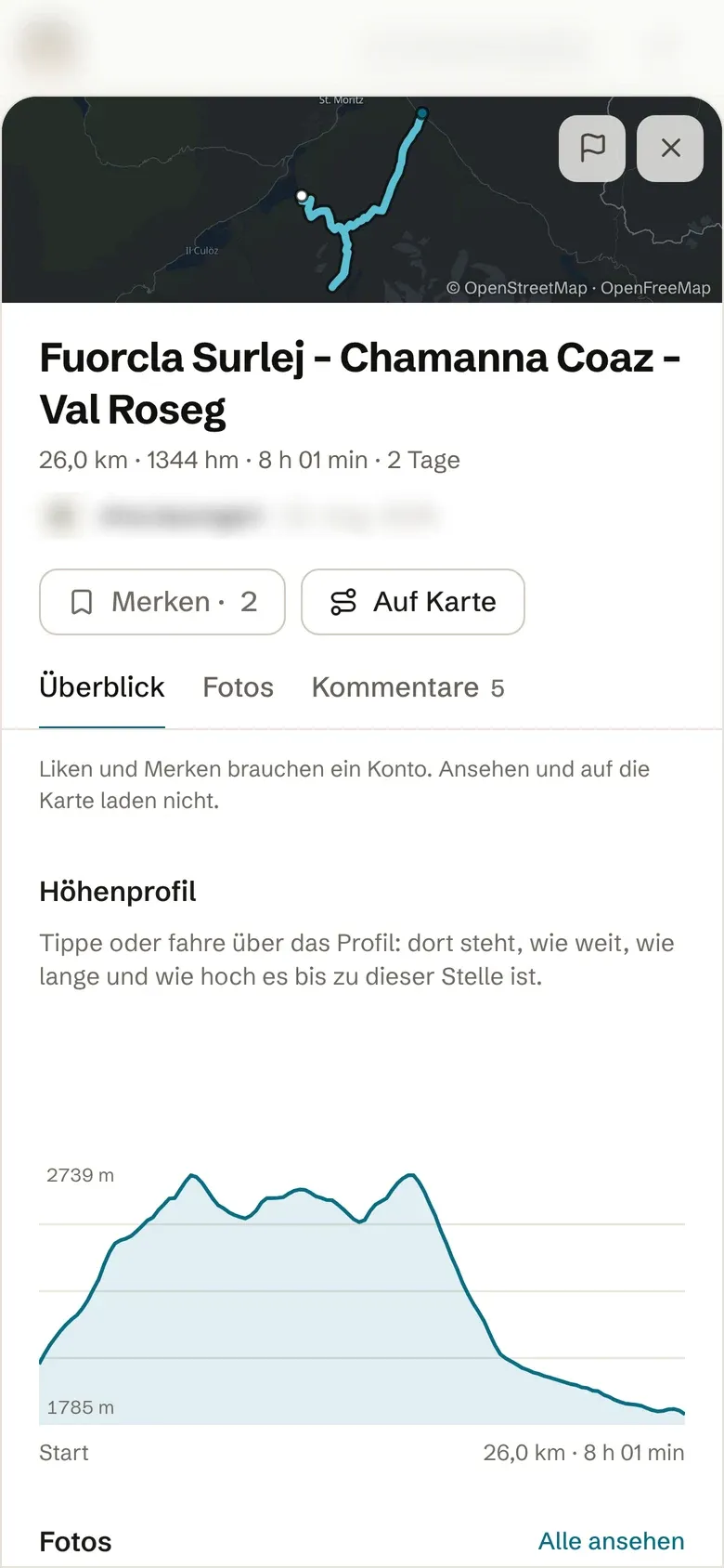 Munggi-App auf einem Telefon: eine geteilte Zweitagestour im Engadin mit Höhenprofil.