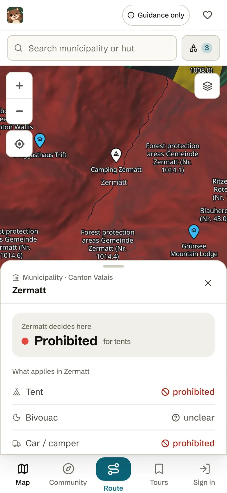 Munggi app on a phone: Zermatt info sheet. Tent forbidden, bivouac unclear, vehicle forbidden.